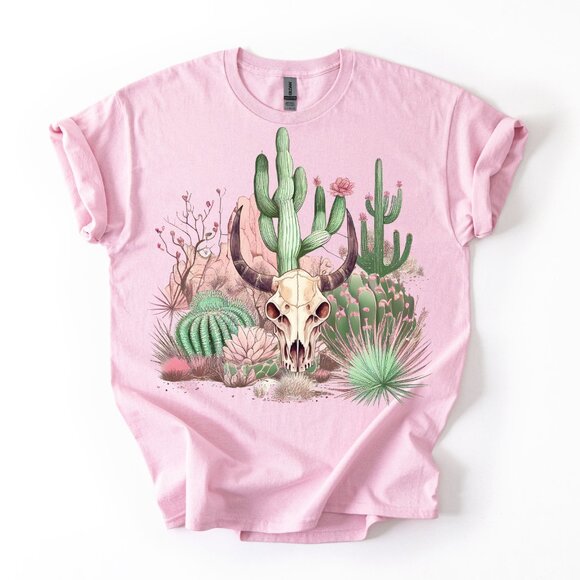 Southwest Cactus Graphic Tee Shirt Women's Pink Desert Boho Skull Grunge Style - Picture 1 of 3